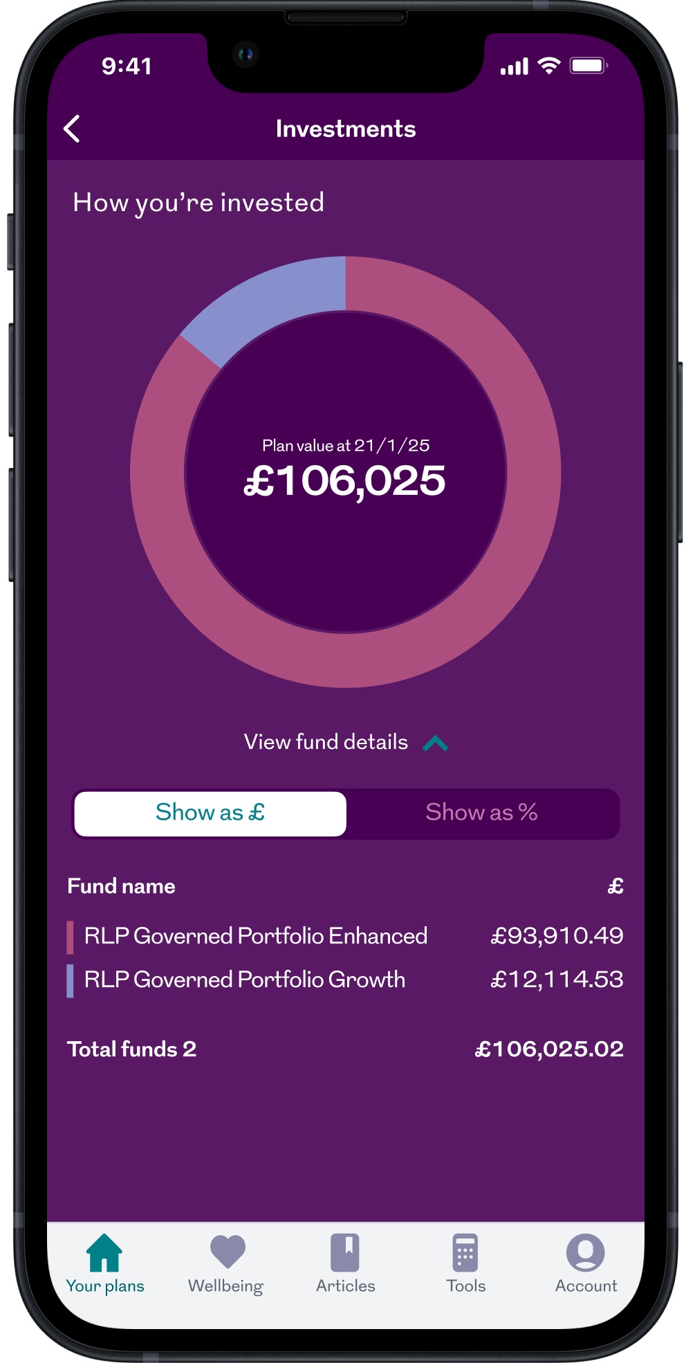 Royal London app investments screen showing fund allocation and plan value