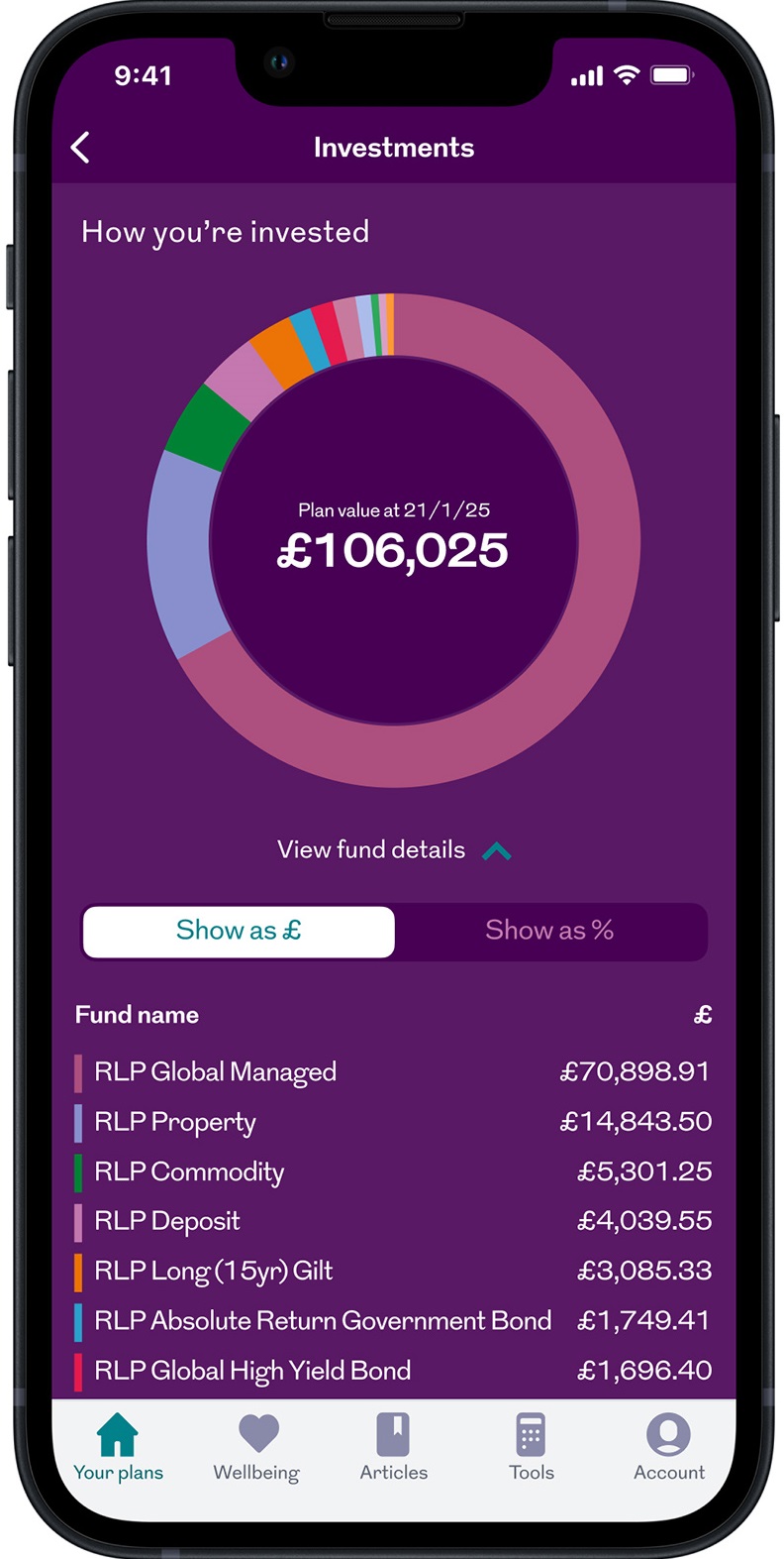 Mobile app investments dashboard showing fund allocation breakdown and plan value