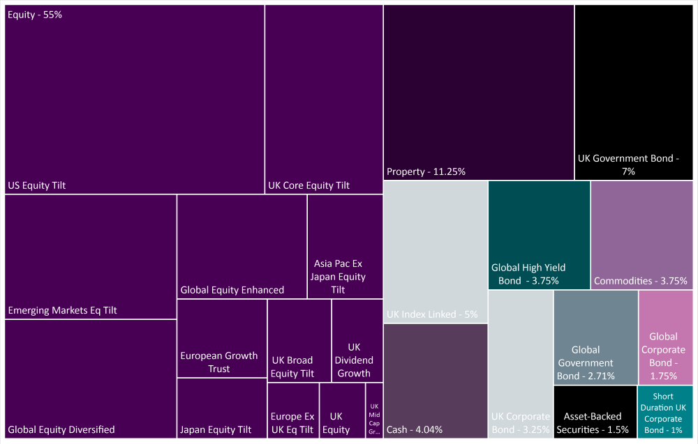 Here is the investment split in this example. Equity has 55%, UK corporate bond has 3.25%, global corporate bond has 1.75%, short duration UK corporate bond has 1%, UK index linked has 5%, UK government bond has 7%, global government bond has 2.71%, property has 11.25%, cash has 4.04%, global high yield bond has 3.75% and commodities has 3.75%. 