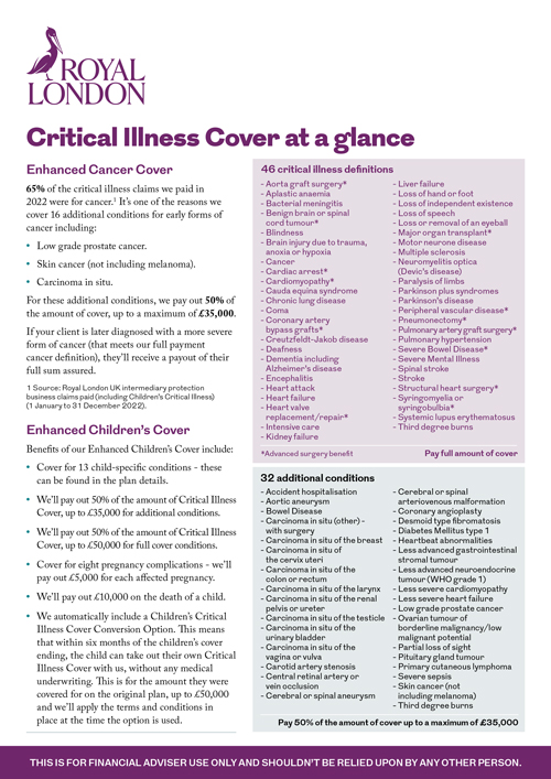 Front page of Royal London's "Critical illness at a glance" document